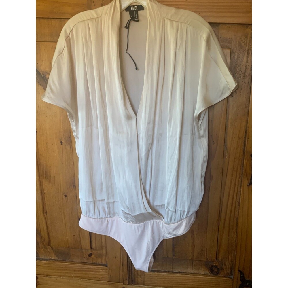 New PAIGE Dijon Surplice Ecru Faux Wrap Bodysuit Size Large
